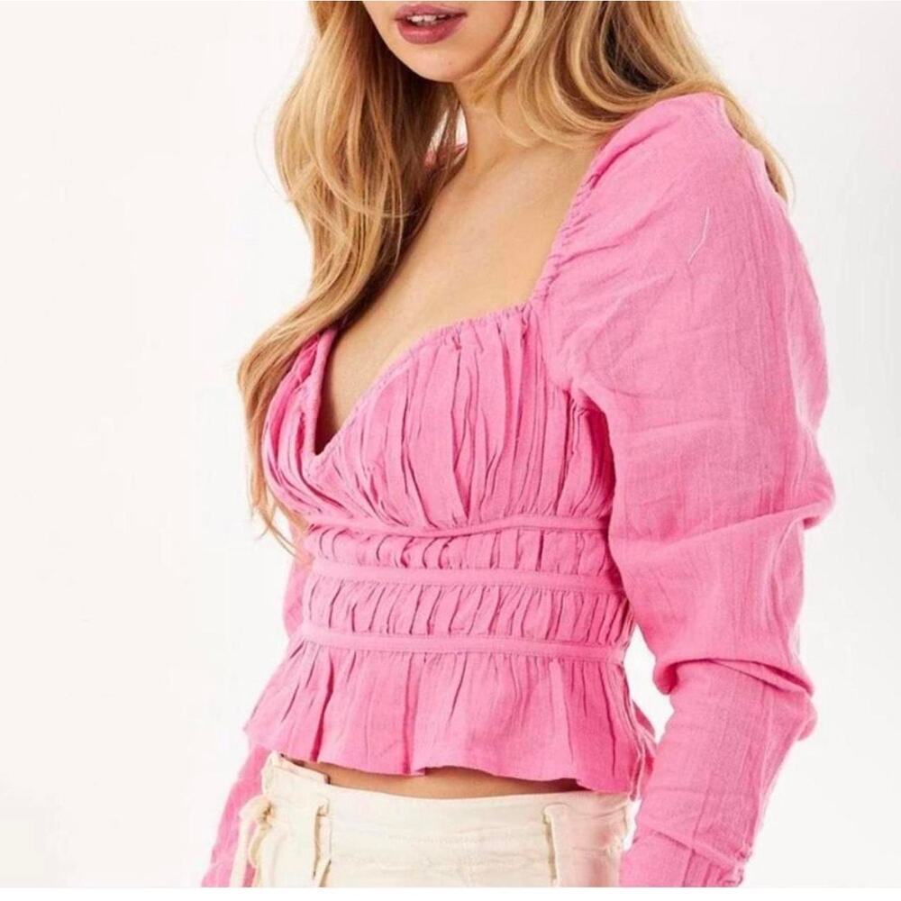 Free People Pink Ruched Peplum Long Sleeve Blouse